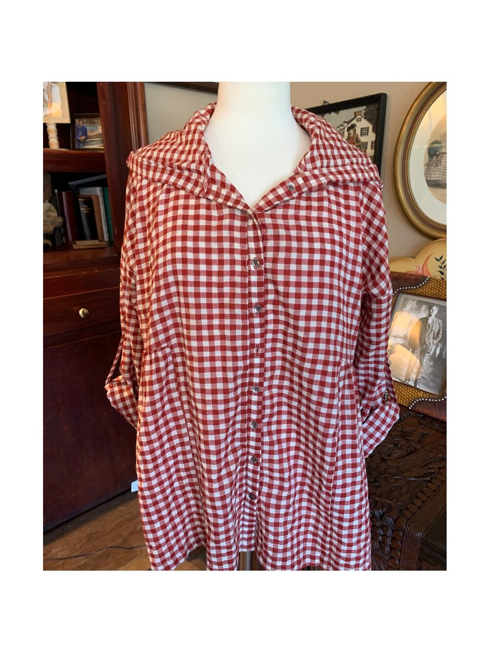 EASEL GINGHAM HOODIE Buttonup Long Sleeve tab Rollup Lightweight Boxy Peplum M
